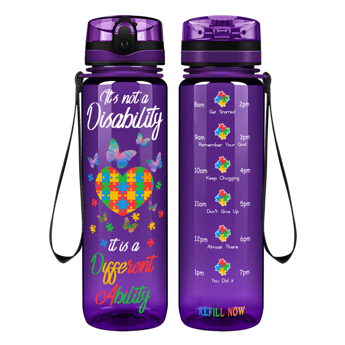 Autism Colorful Butterfly Different Ability on 32 oz Motivational Tracking Water Bottle