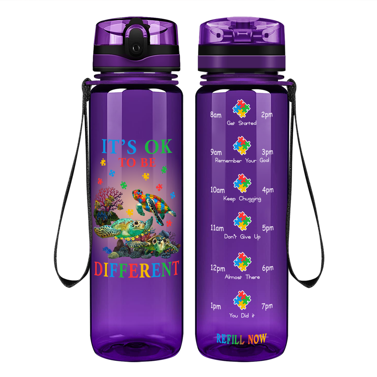Okay To Be Different Autism Turtle on 32 oz Motivational Tracking Water Bottle