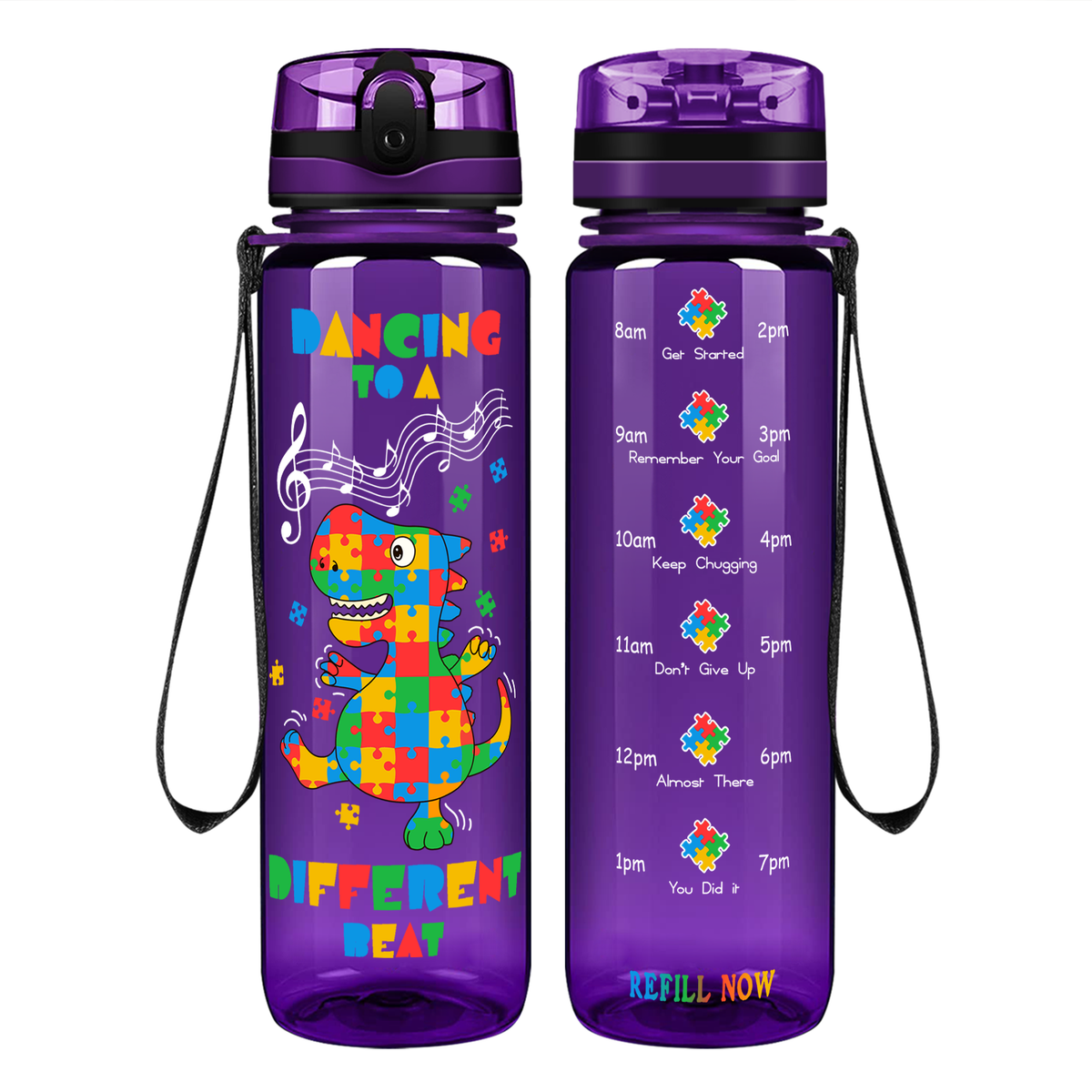 Dancing Dino Different Beat Autism on 32 oz Motivational Tracking Water Bottle