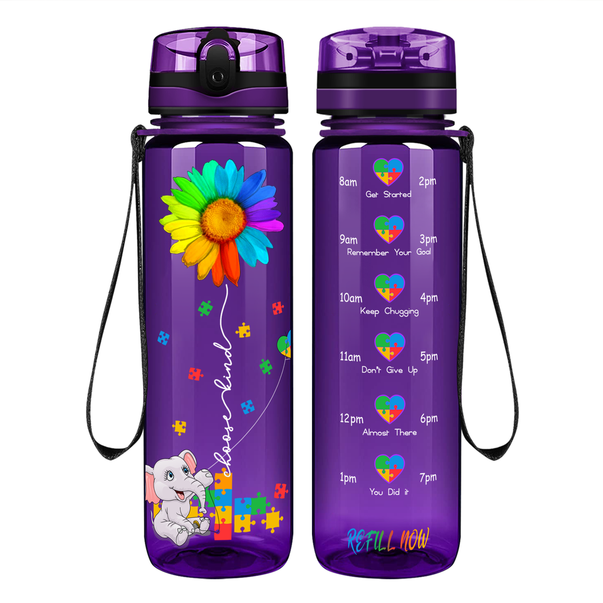 Autism Elephant Kindness Kite on 32 oz Motivational Tracking Water Bottle