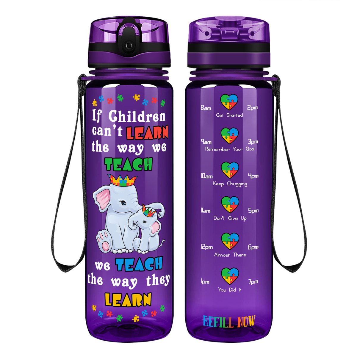Teach The Way They Learn Elephants on 32 oz Motivational Tracking Autism Water Bottle