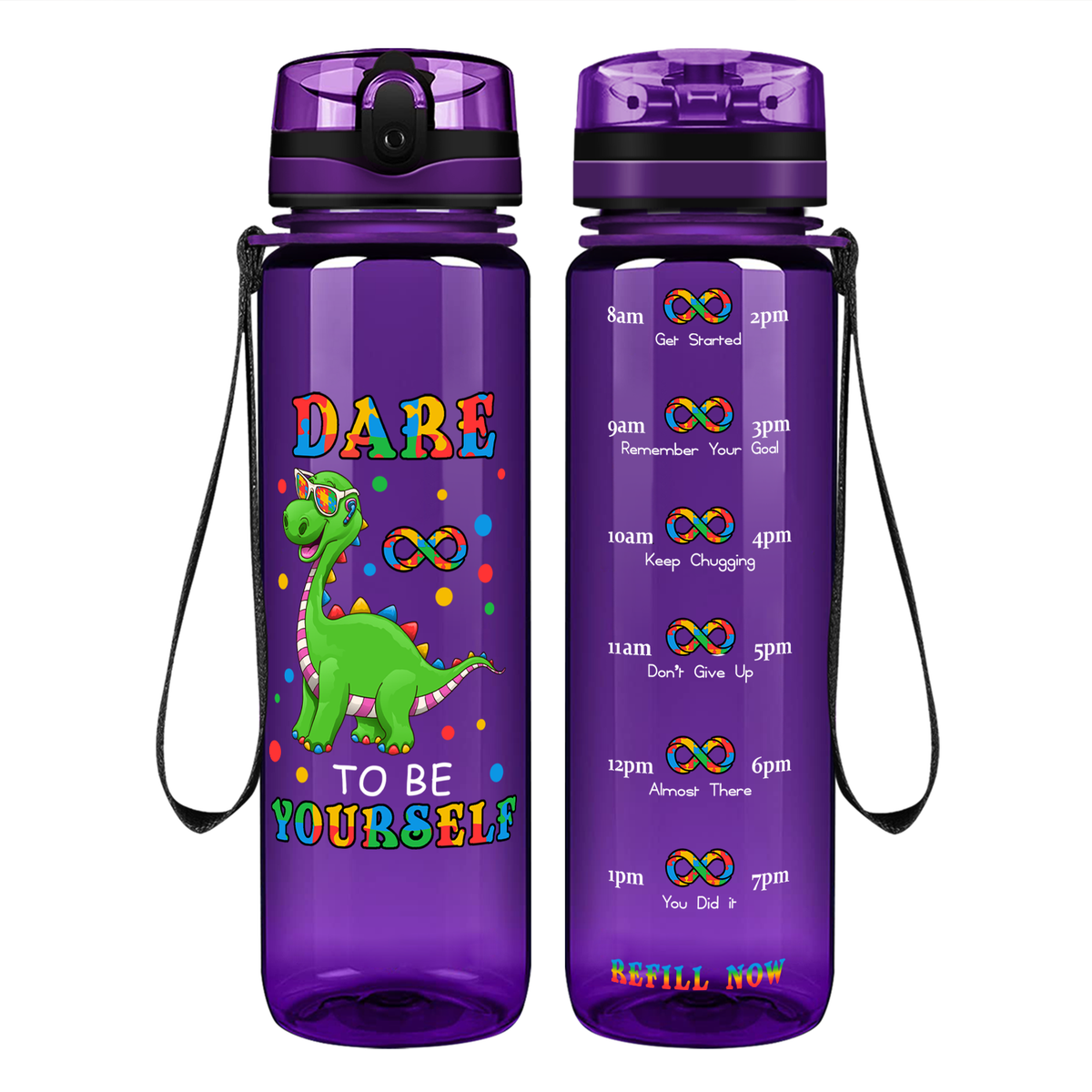 Dinosaur Dare To Be Yourself on 32 oz Motivational Tracking Autism Water Bottle