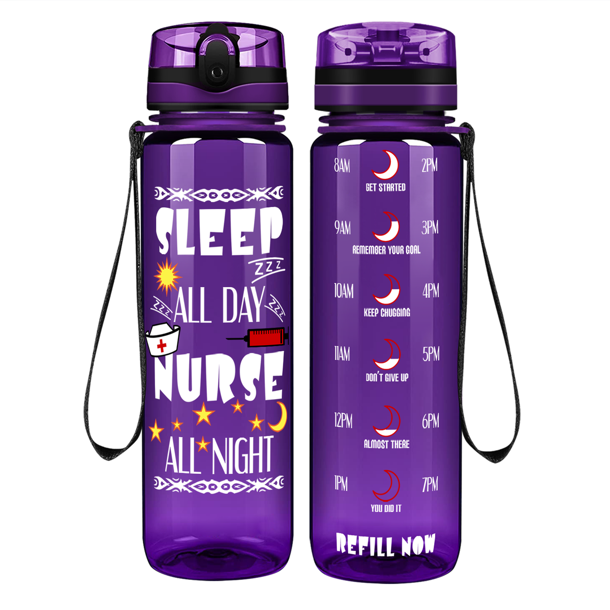 Nurse All Night on 32oz Motivational Tracking Water Bottle