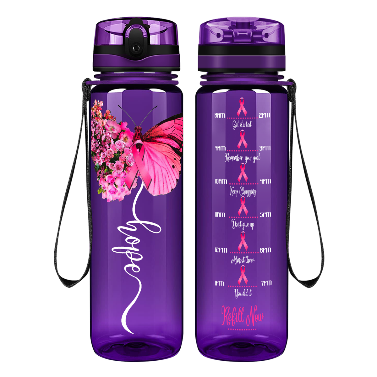 Breast Cancer Hope Butterfly on 32 oz Motivational Tracking Breast Cancer Awareness Water Bottle