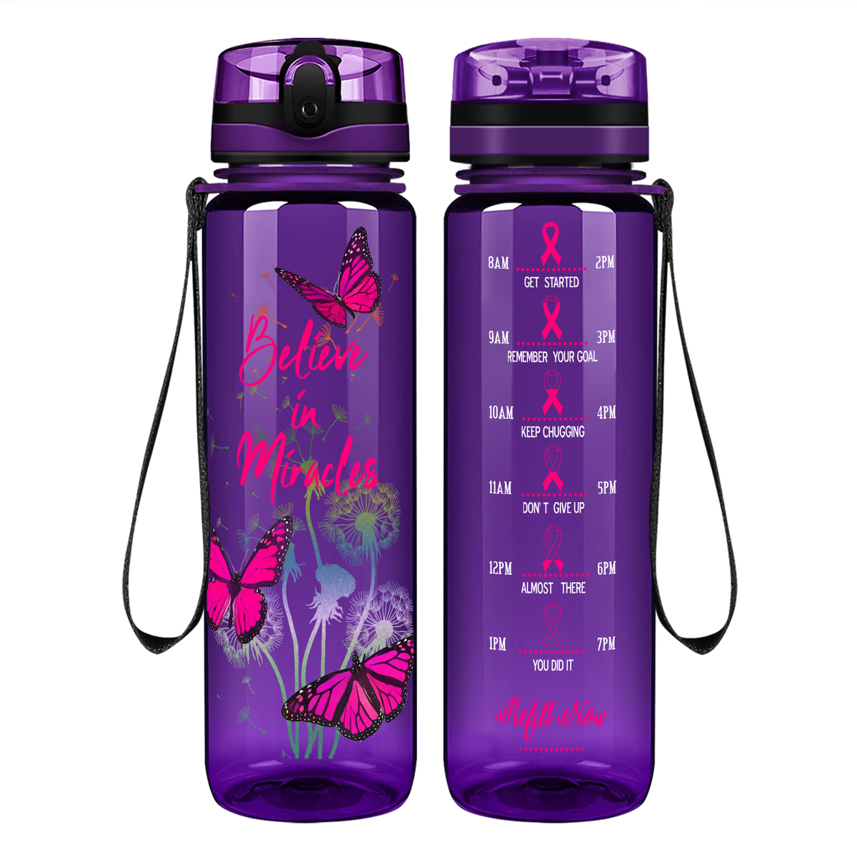 Believe in Miracles on 32 oz Motivational Tracking Breast Cancer Awareness Water Bottle
