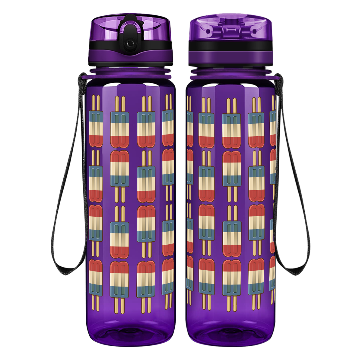 Red White Blue Popsicles on 32 oz Motivational Tracking Water Bottle