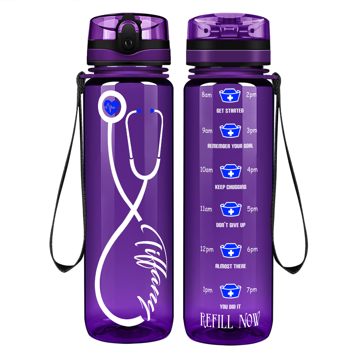 Personalized Nurse Stethoscope Blue on 32oz Motivational Tracking Water Bottle