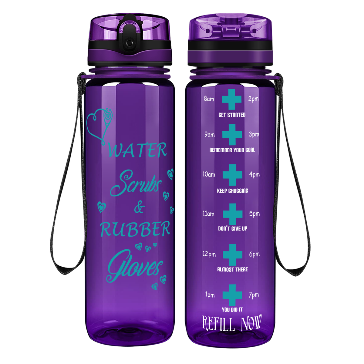 Water Scrubs and Rubber Gloves on 32oz Motivational Tracking Nurse Water Bottle