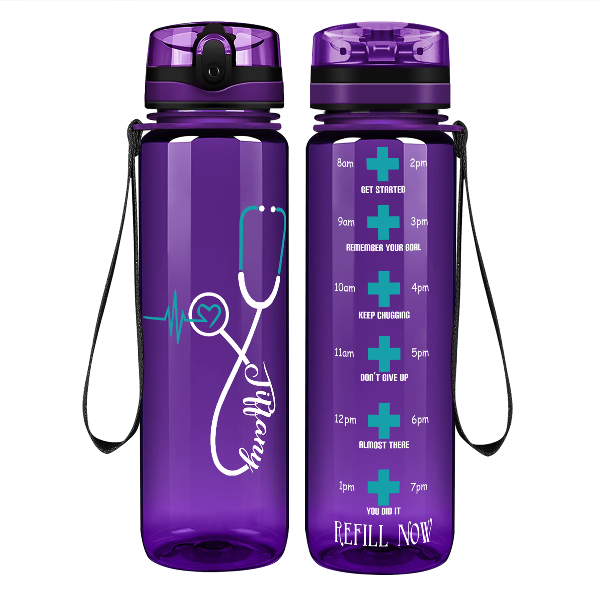 Personalized Seafoam Heart Nursing Stethoscope on 32oz Motivational Tracking Water Bottle