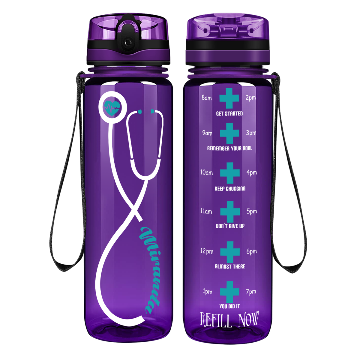 Personalized Heartbeat Nurse Stethoscope on 32oz Motivational Tracking Water Bottle