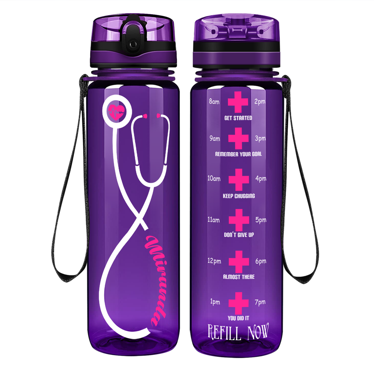 Personalized Heartbeat Nurse Pink Stethoscope on 32oz Motivational Tracking Water Bottle