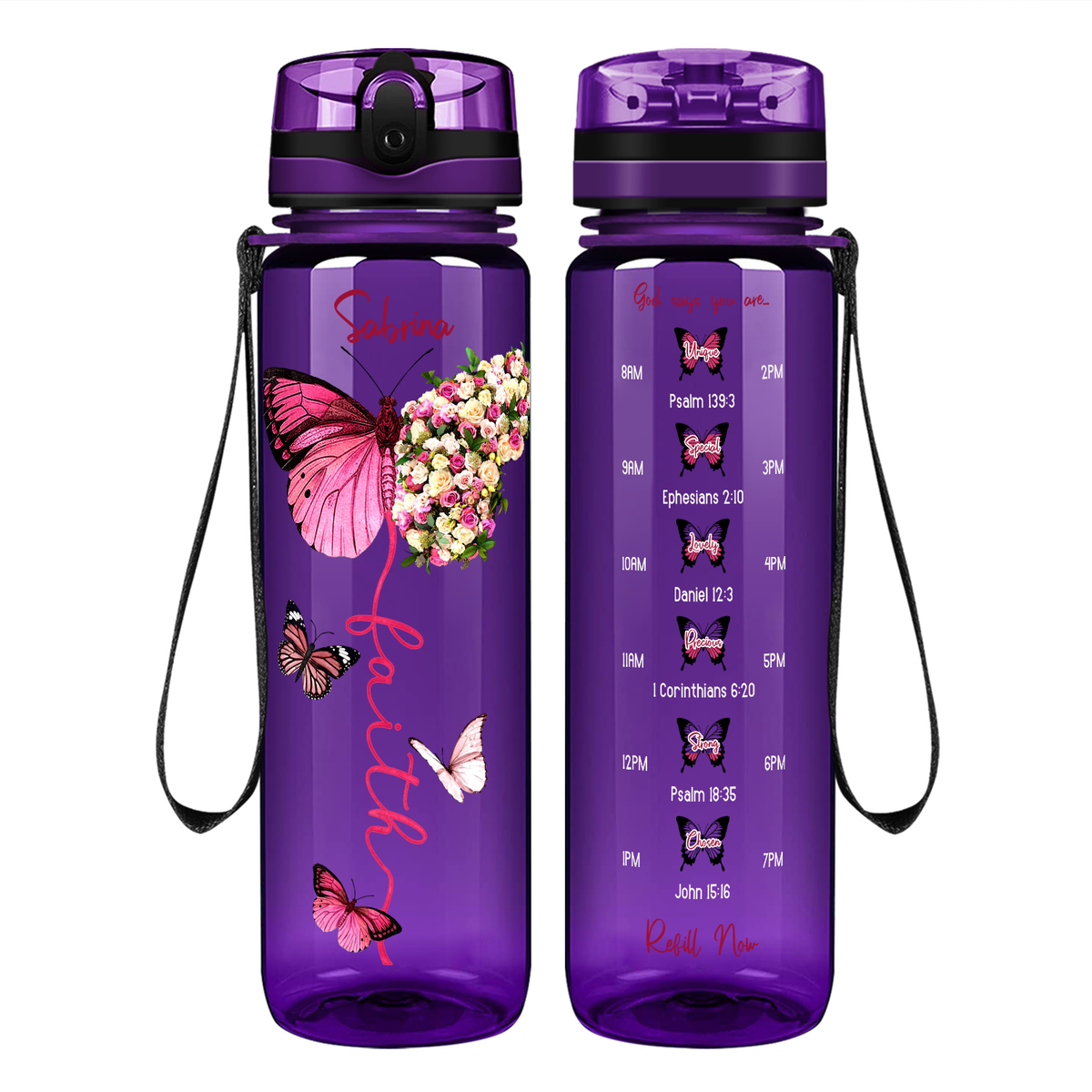 Personalized Faith Inspirational Pink Butterfly on 32 oz Motivational Tracking Water Bottle