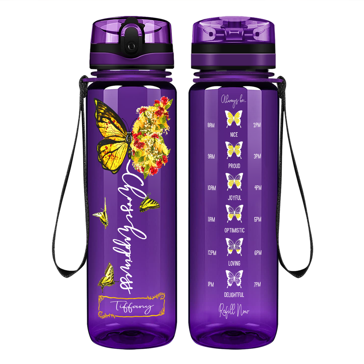 Personalized Choose Happiness Yellow Butterfly on 32 oz Motivational Tracking Water Bottle