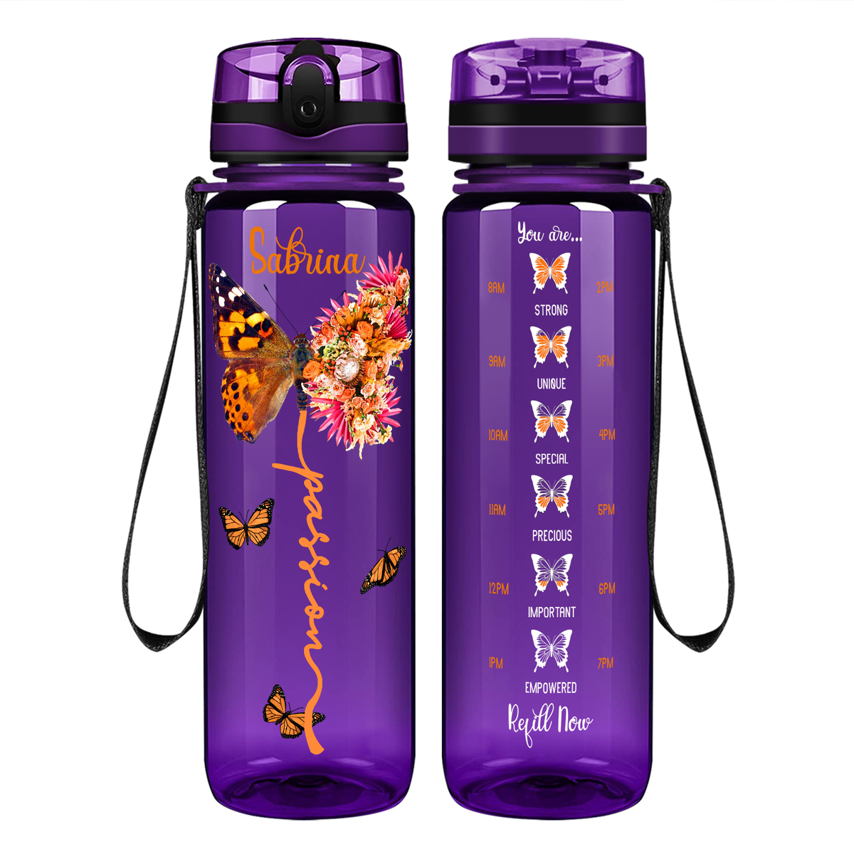 Personalized Passion Inspirational Peach Butterfly on 32 oz Motivational Tracking Water Bottle