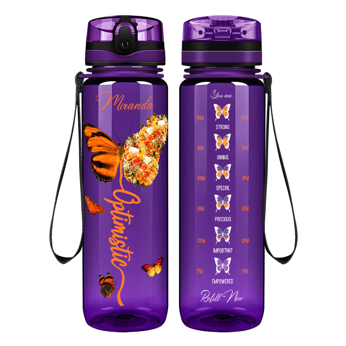 Personalized Optimistic Inspirational Orange Butterfly on 32 oz Motivational Tracking Water Bottle