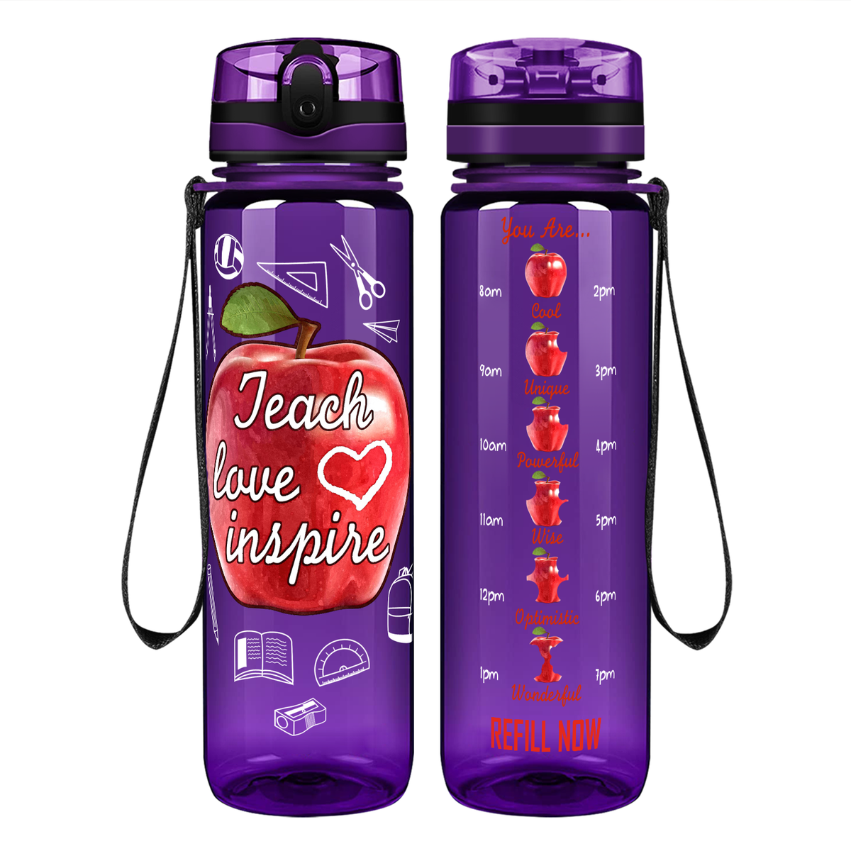 Teach Love Inspire Apple on 32 oz Motivational Tracking Water Bottle