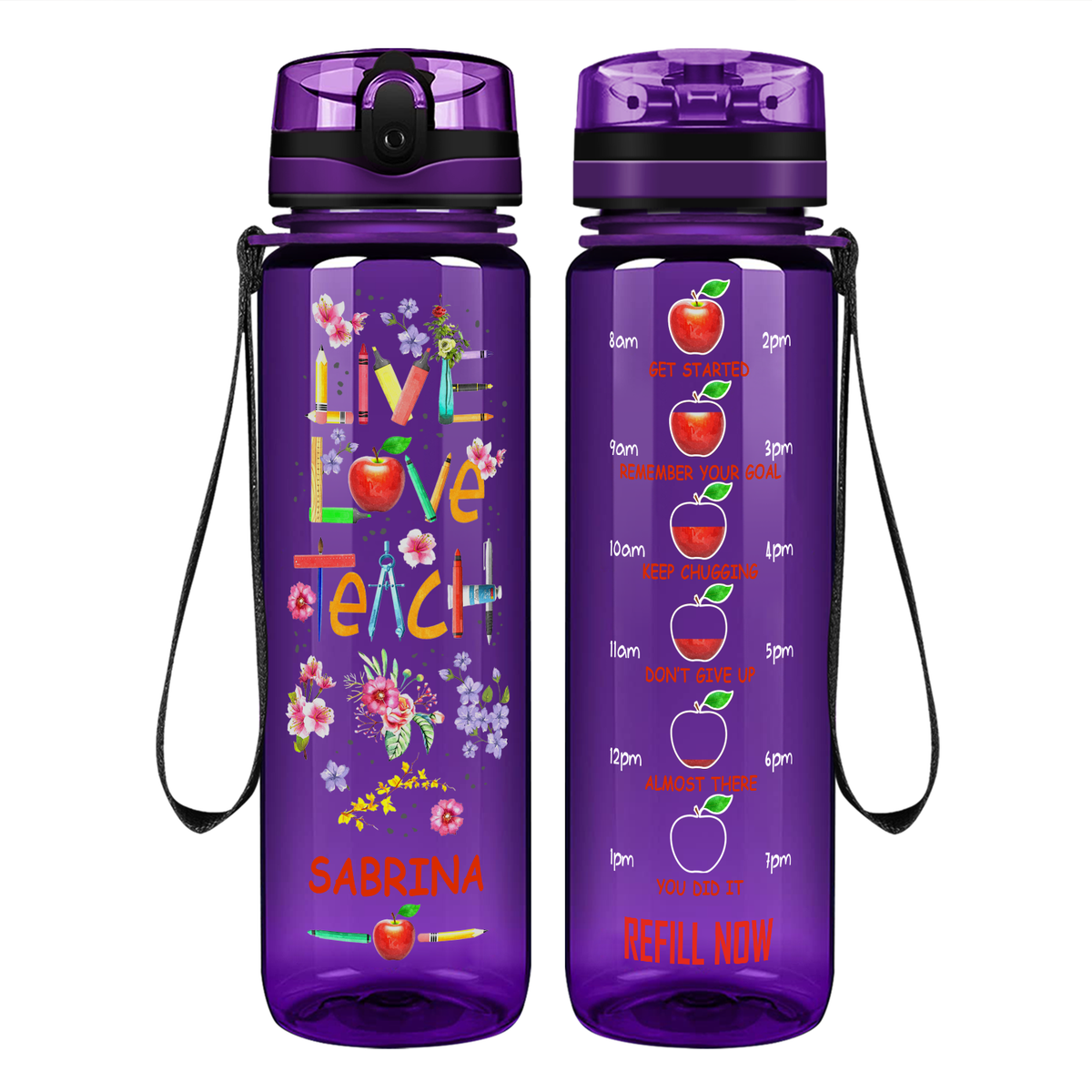 Personalized Live Love Teach on 32 oz Motivational Tracking Water Bottle