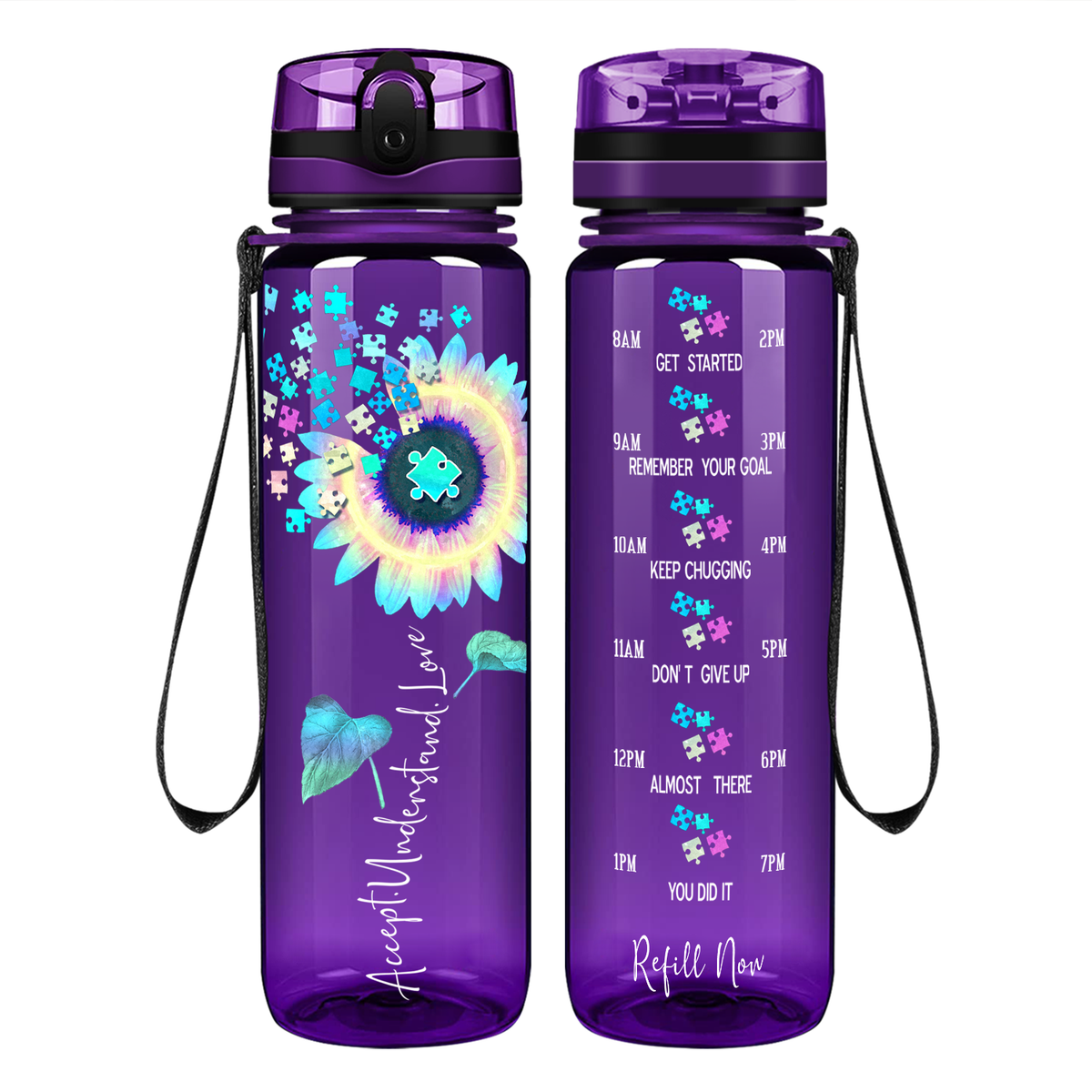 Accept Understand Love Autism Sunflower 32 oz Motivational Tracking Water Bottle