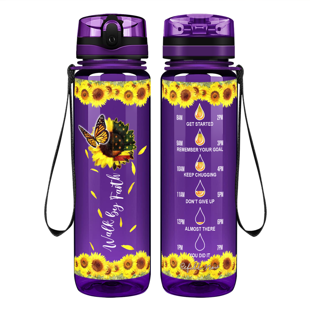 Walk by Faith American Sunflower on 32 oz Motivational Tracking Water Bottle