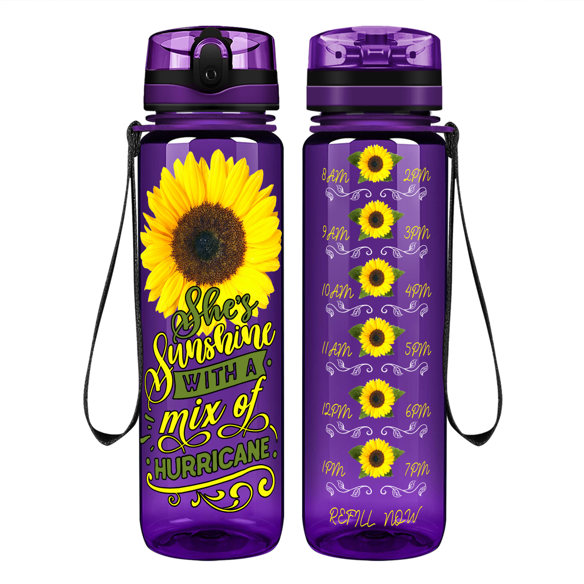 She's Sunshine with a Mix of Hurricane on 32 oz Motivational Tracking Sunflowers Water Bottle