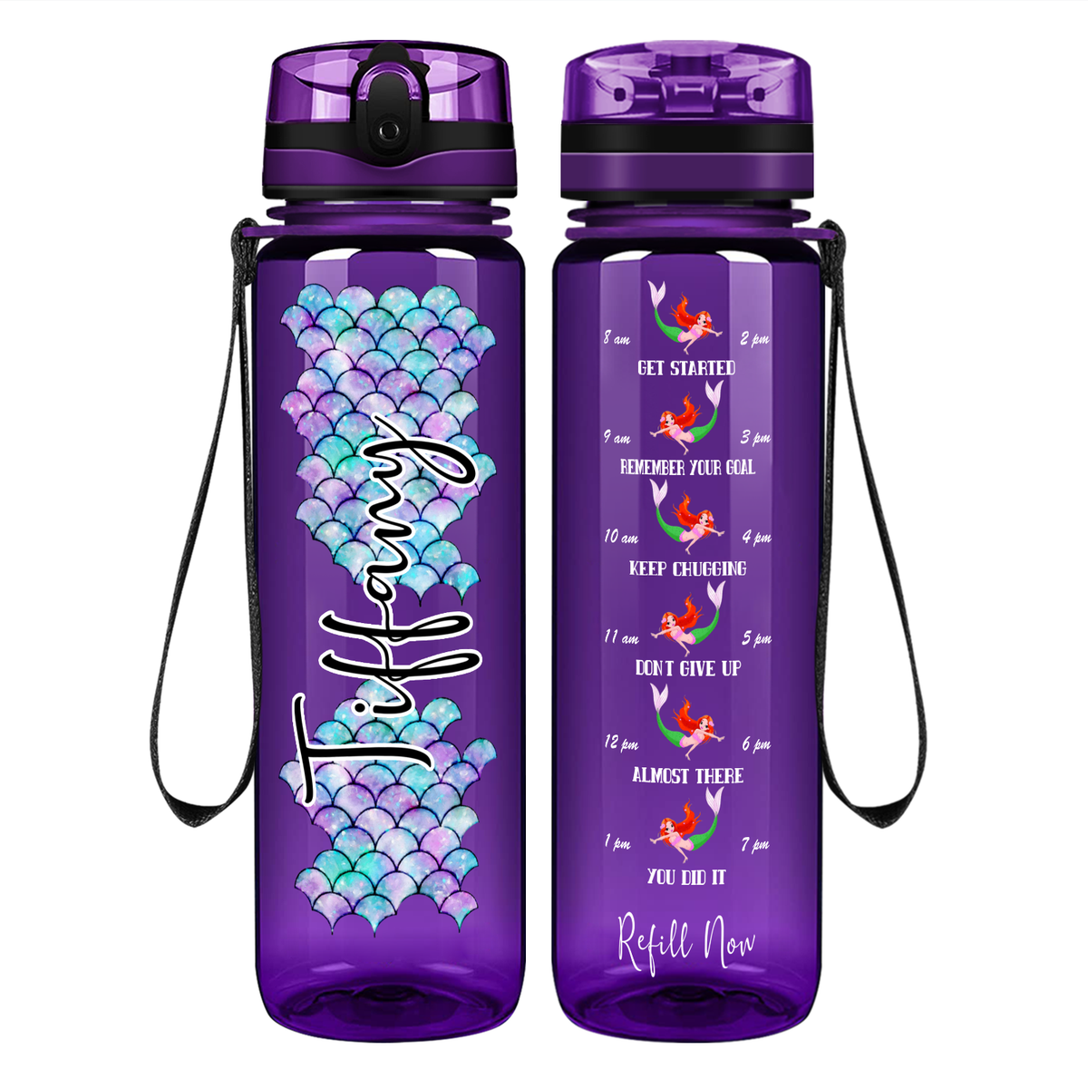 Personalized Mermaid Scales on 32 oz Motivational Tracking Water Bottle