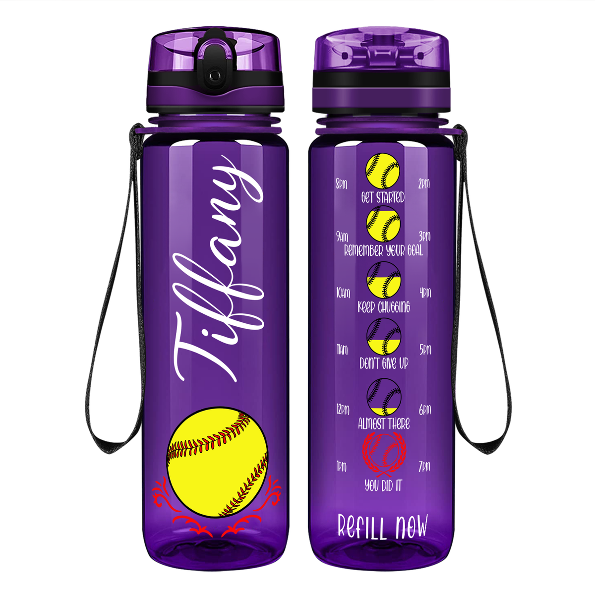Personalized Softball on 32 oz Motivational Tracking Water Bottle
