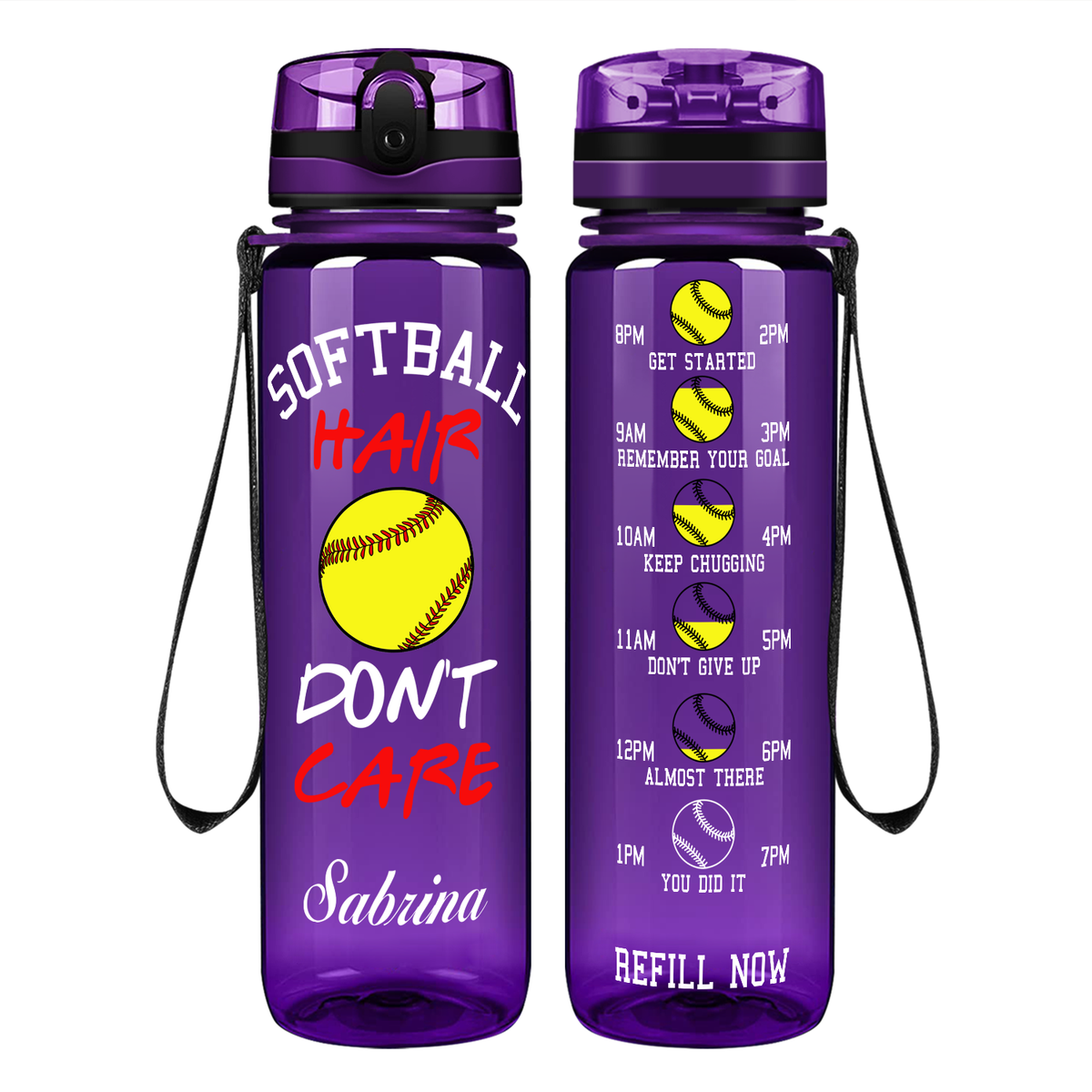 Personalized Softball Hair Don't Care on 32 oz Motivational Tracking Water Bottle