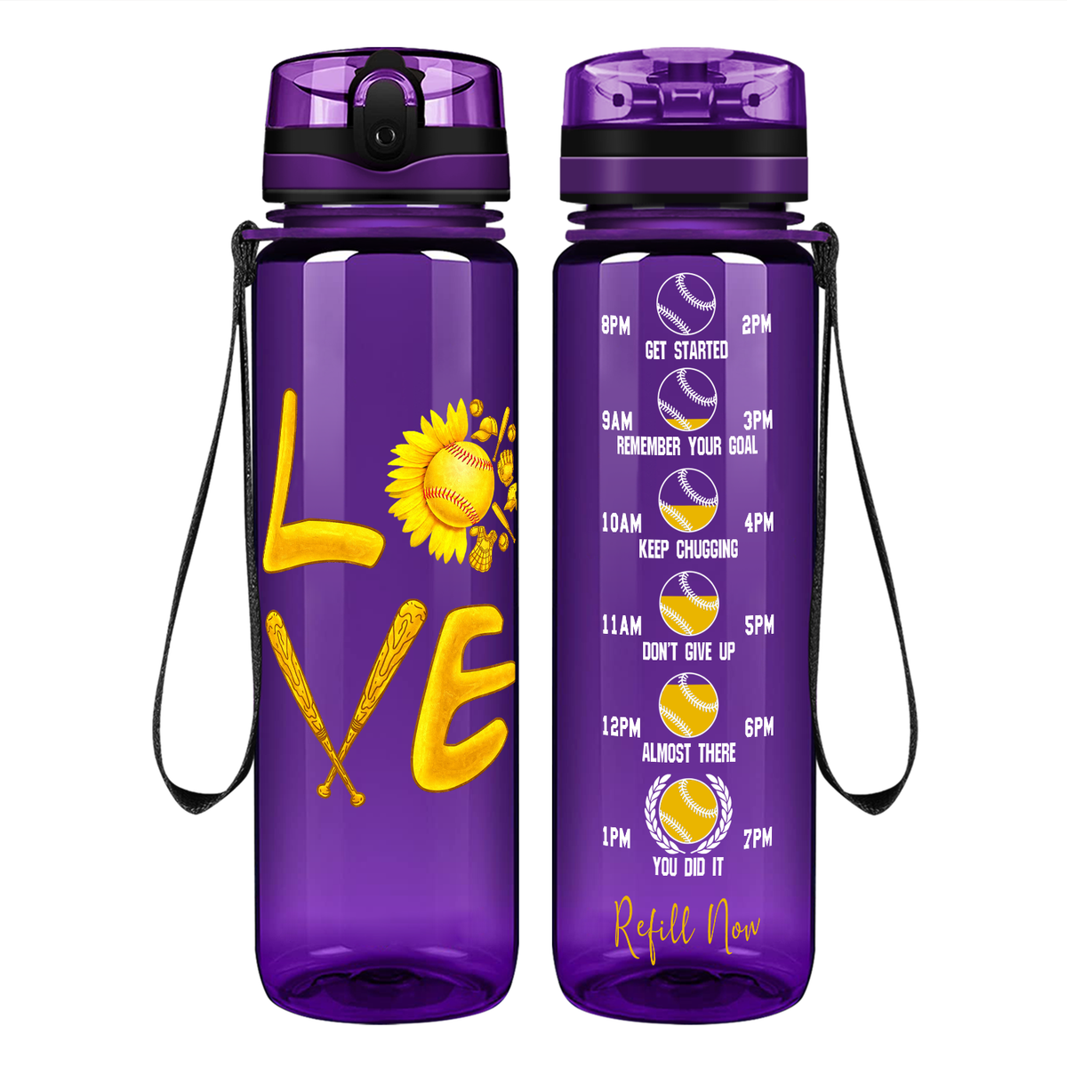 Love Softball Flower on 32 oz Motivational Tracking Water Bottle
