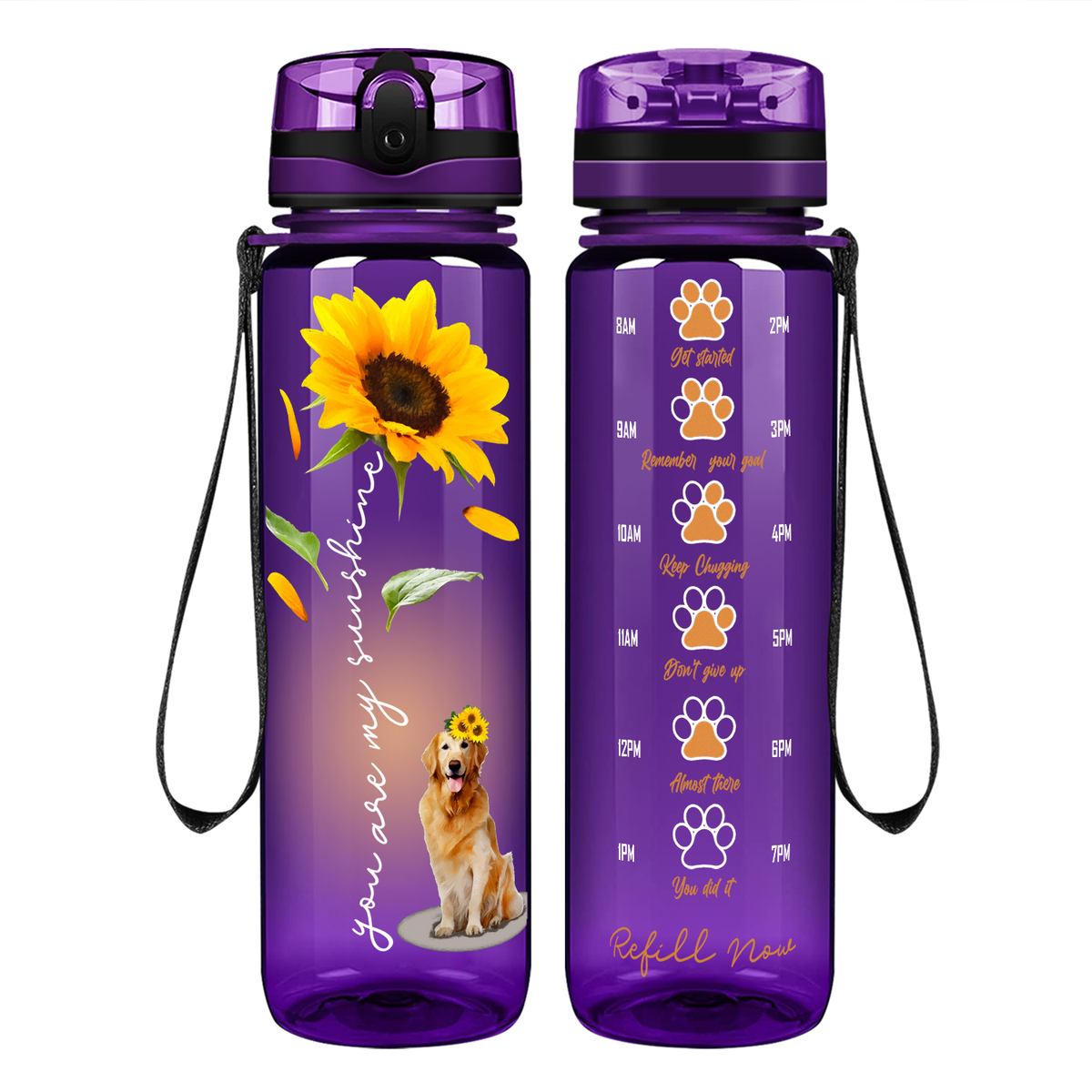 You Are My Sunshine Golden Retriever Sunflower on 32 oz Motivational Tracking Water Bottle