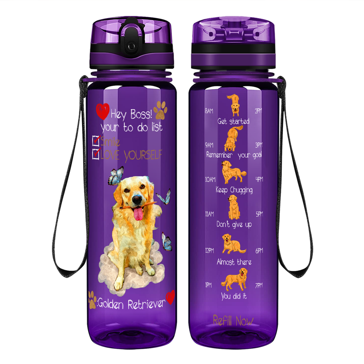 Hey Boss! Your To Do List Golden Retriever on 32 oz Motivational Tracking Water Bottle