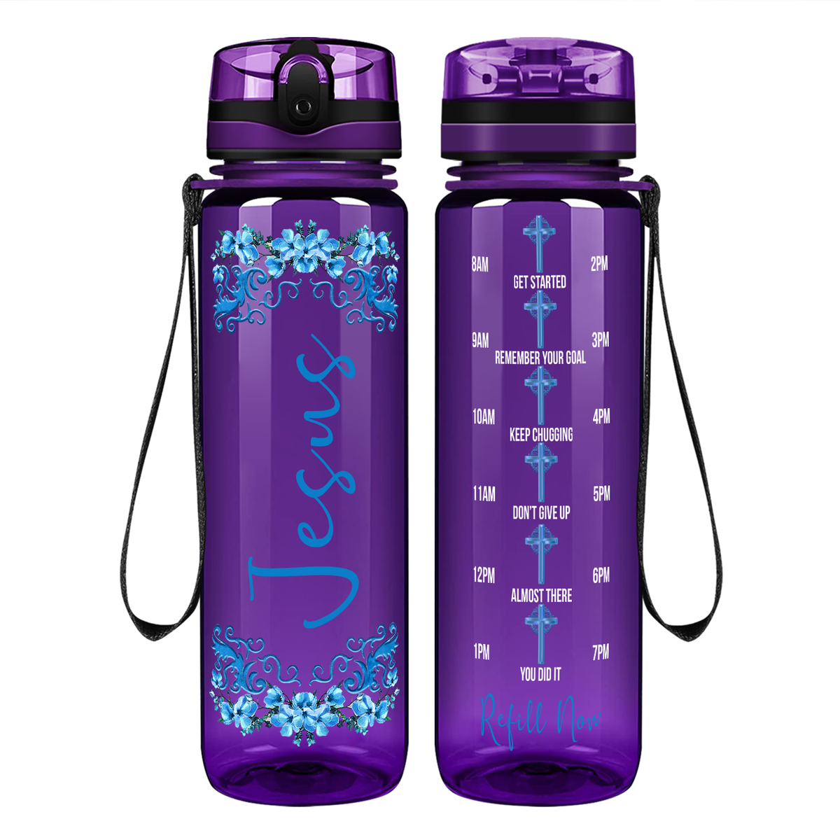 Jesus Blue Fowers Design on 32 oz Motivational Tracking Water Bottle
