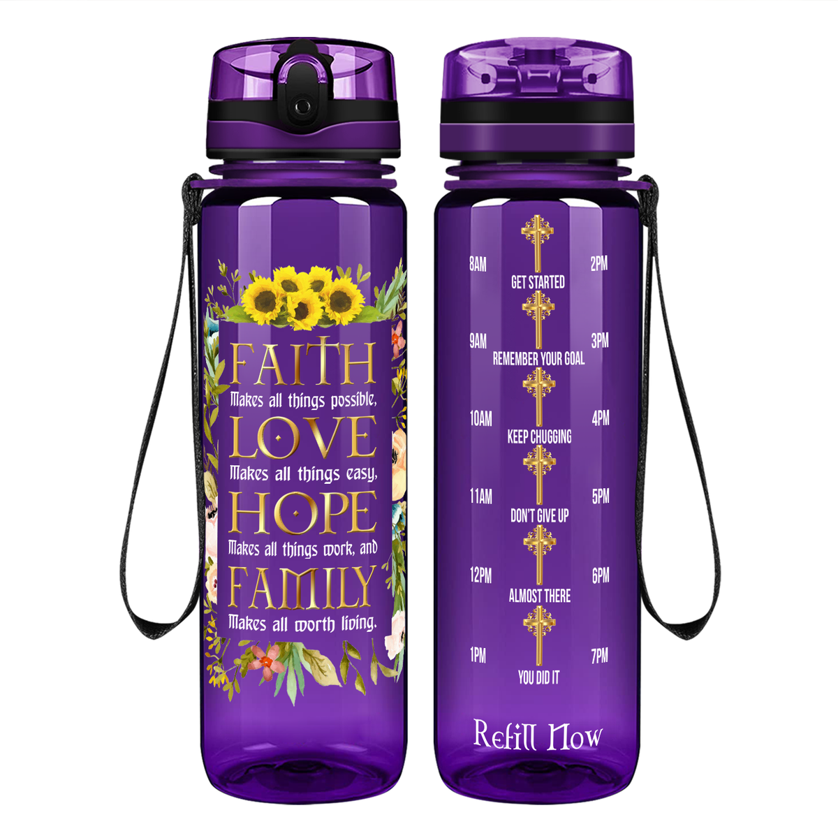 Faith Love Hope Family on 32 oz Motivational Tracking Water Bottle