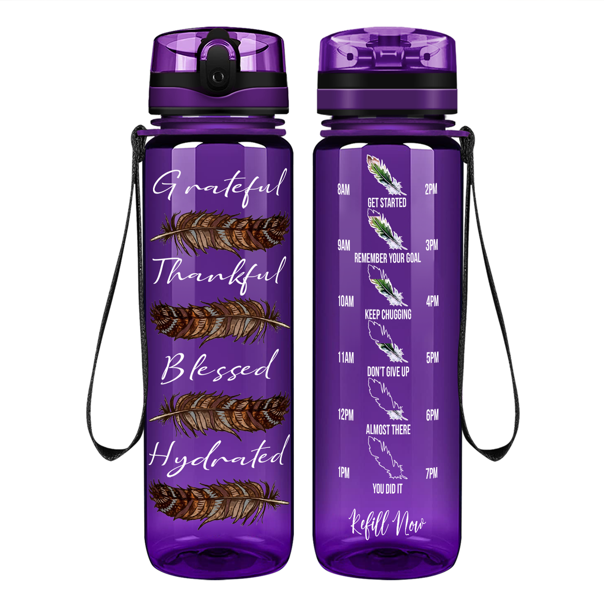 Grateful Thankful Blessed Hydrated with Feathers on 32 oz Motivational Tracking Water Bottle