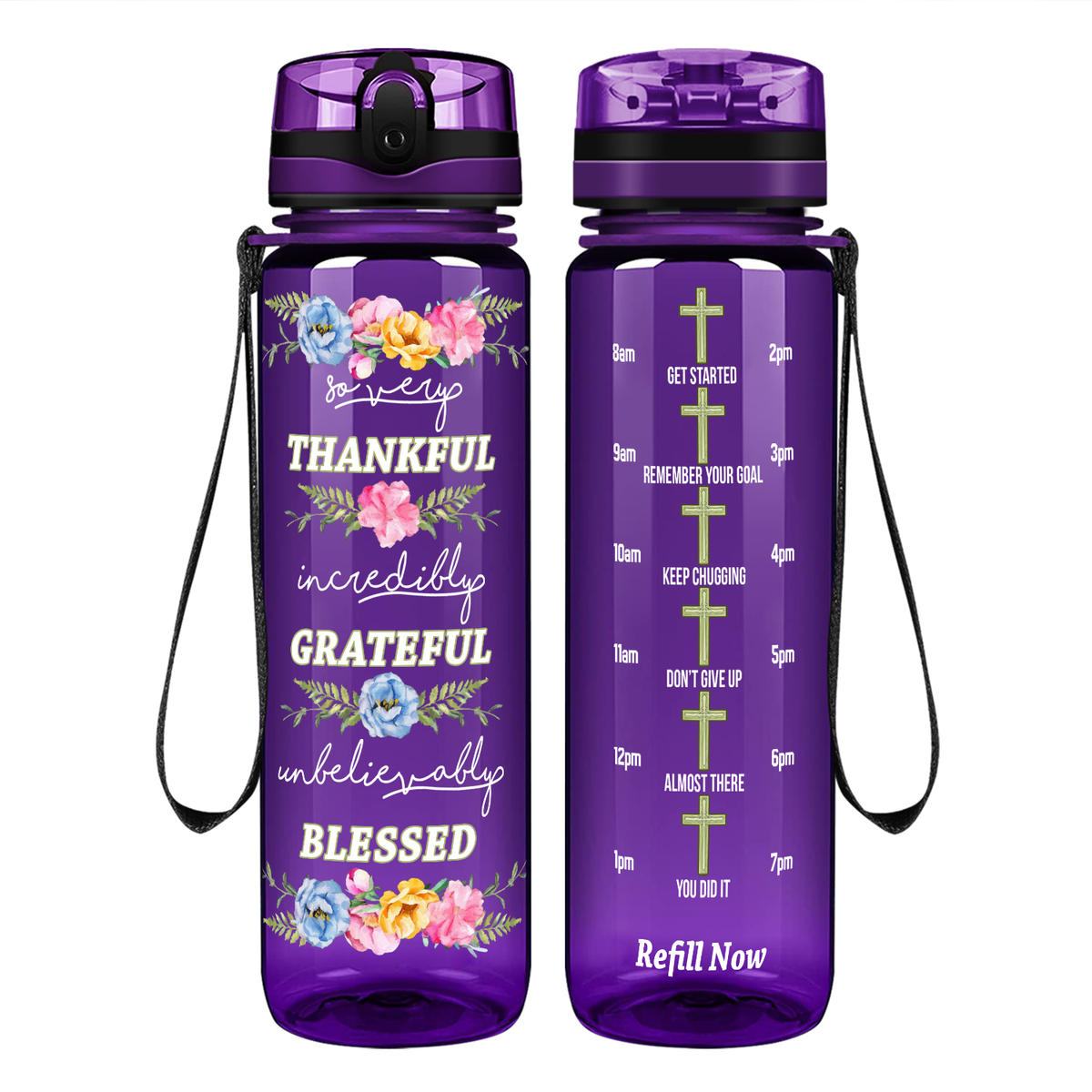 Thankful Grateful Blessed on 32 oz Motivational Tracking Water Bottle