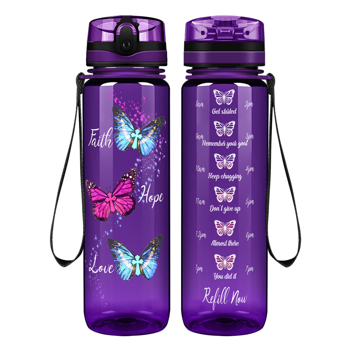 Faith Hope Love Butterflies on 32 oz Motivational Tracking Water Bottle