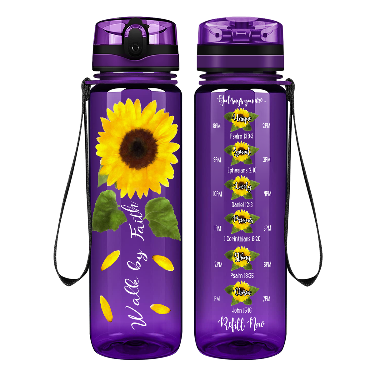 Walk By Faith Sunflower on 32 oz Motivational Tracking Water Bottle