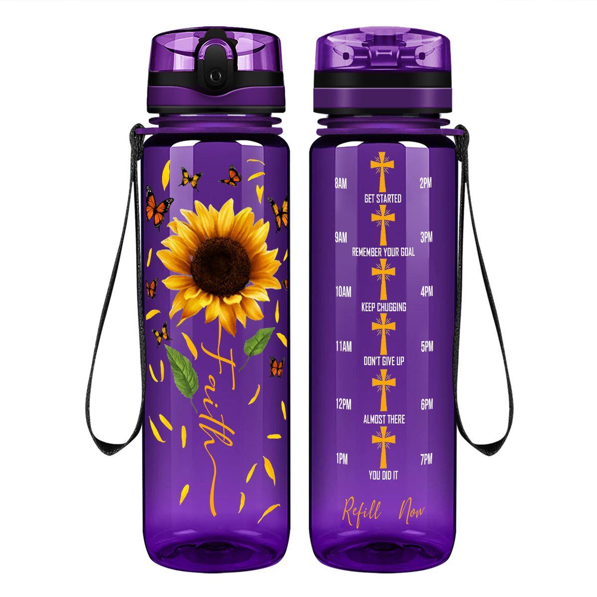 Faith Sunflowers Butterflies on 32 oz Motivational Tracking Water Bottle