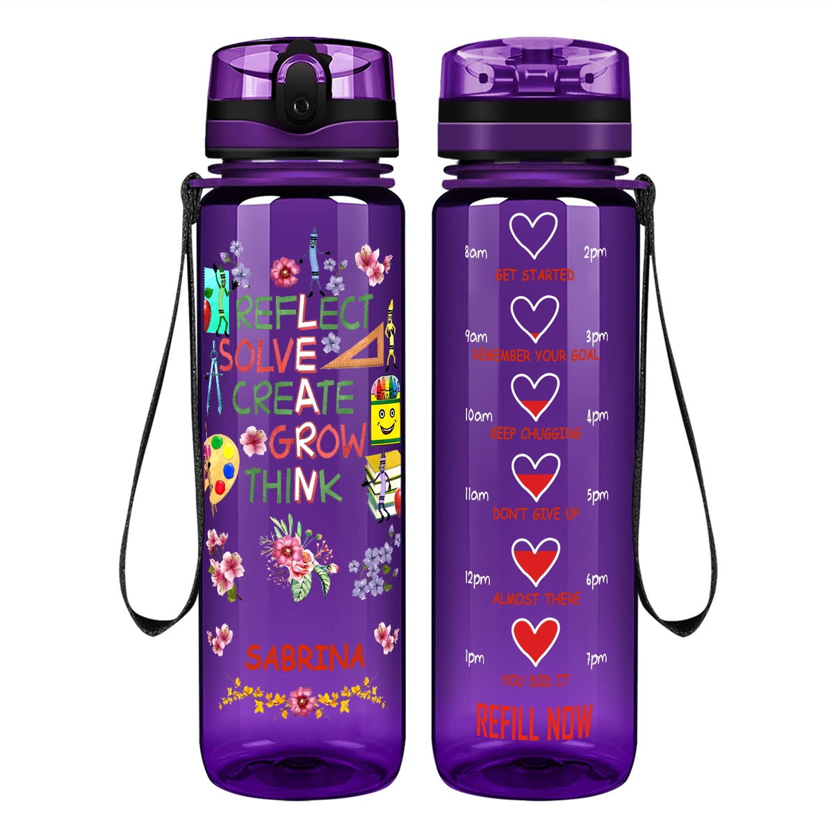 Personalized Reflect Solve Create Grow Think on 32 oz Motivational Tracking Water Bottle