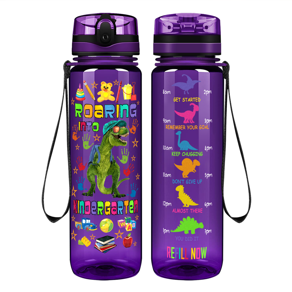 Roaring Into Kindergarten on 32 oz Motivational Tracking Water Bottle