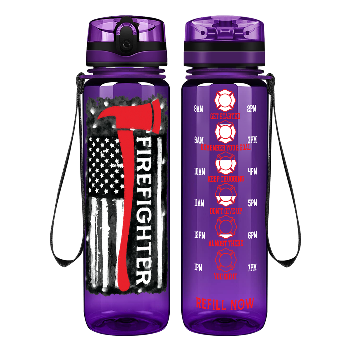Firefighter Axe Distressed Flag on 32 oz Motivational Tracking Water Bottle