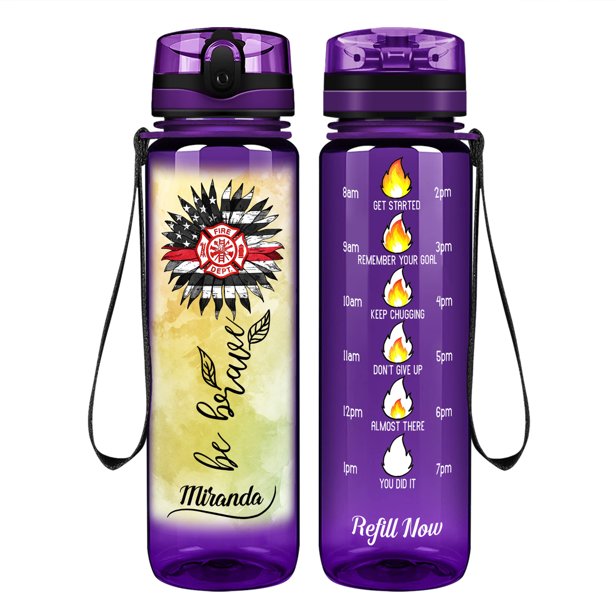 Personalized Firefigher Be Brave on 32 oz Motivational Tracking Water Bottle