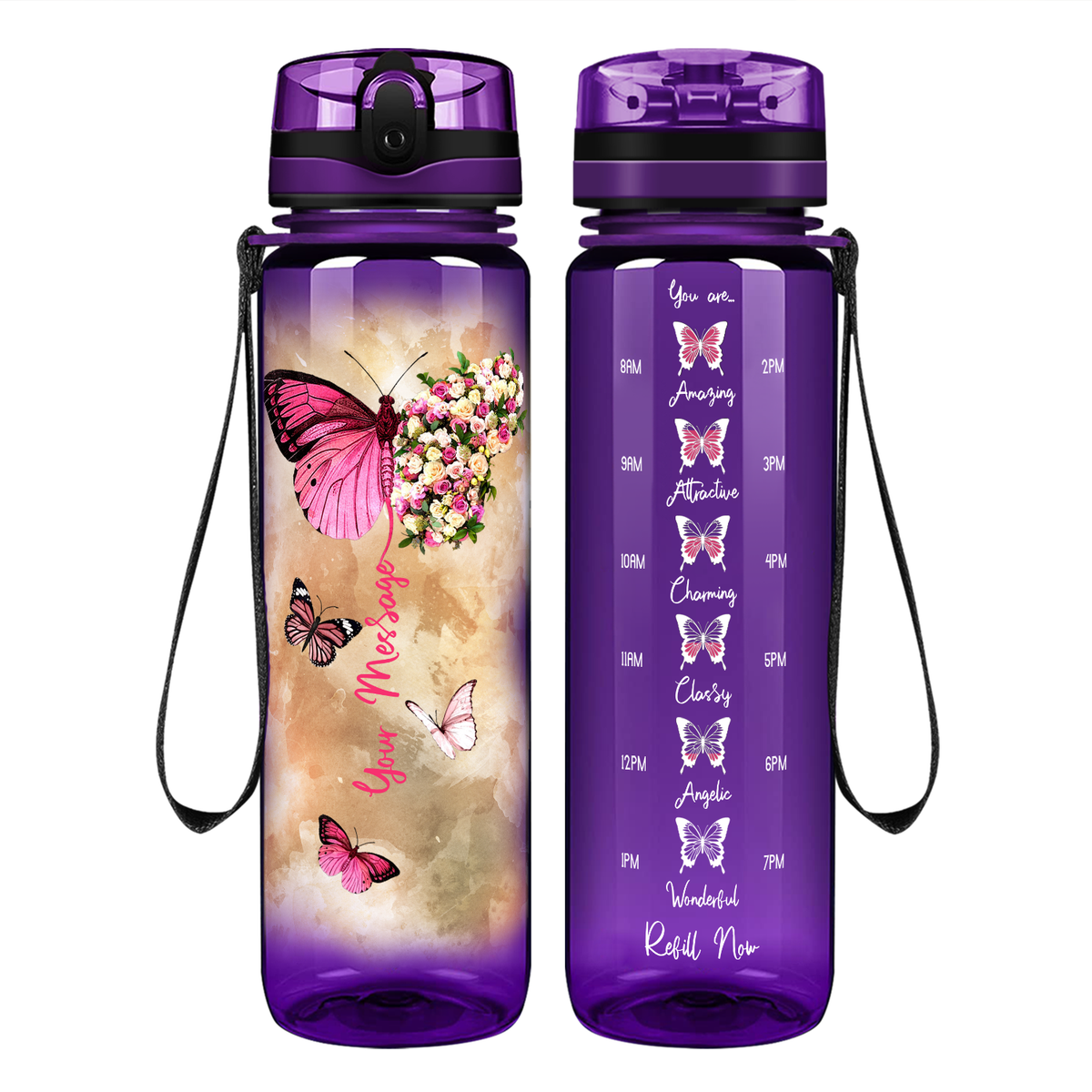 Personalized Butterflies Custom Message on 32 oz Motivational Tracking Water Bottle