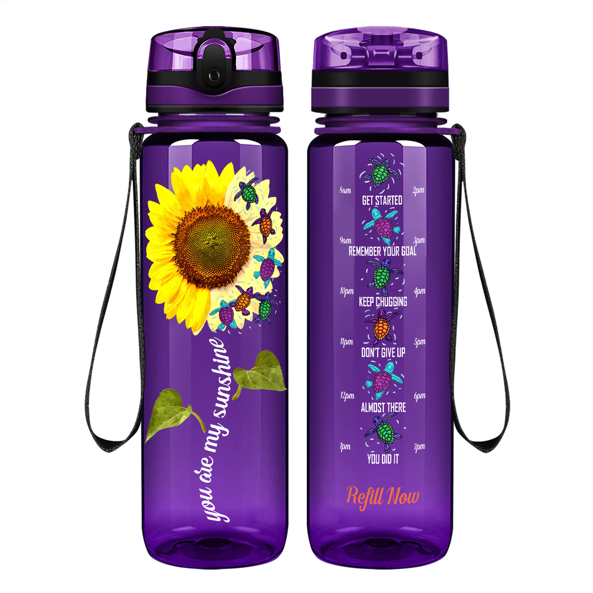 Turtles You Are My Sunshine Sunflower on 32 oz Motivational Tracking Water Bottle