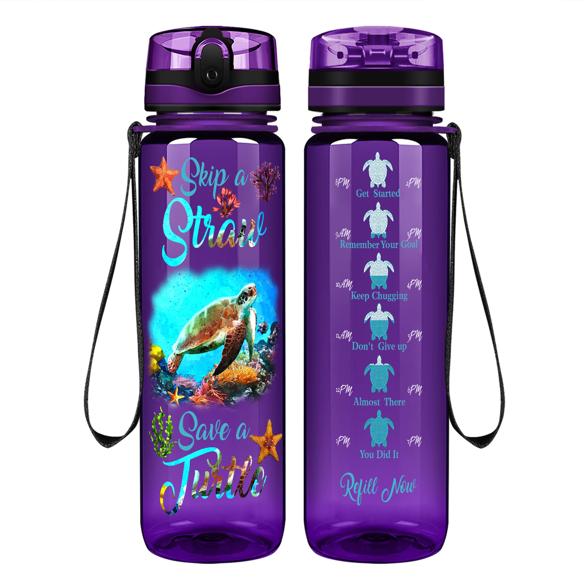 Skip A Straw Save A Turtle on 32 oz Motivational Tracking Water Bottle