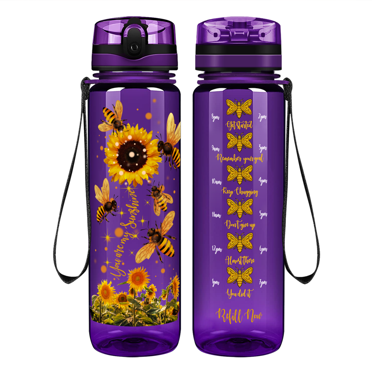 You Are My Sunshine Sunflower and Bees on 32 oz Motivational Tracking Water Bottle
