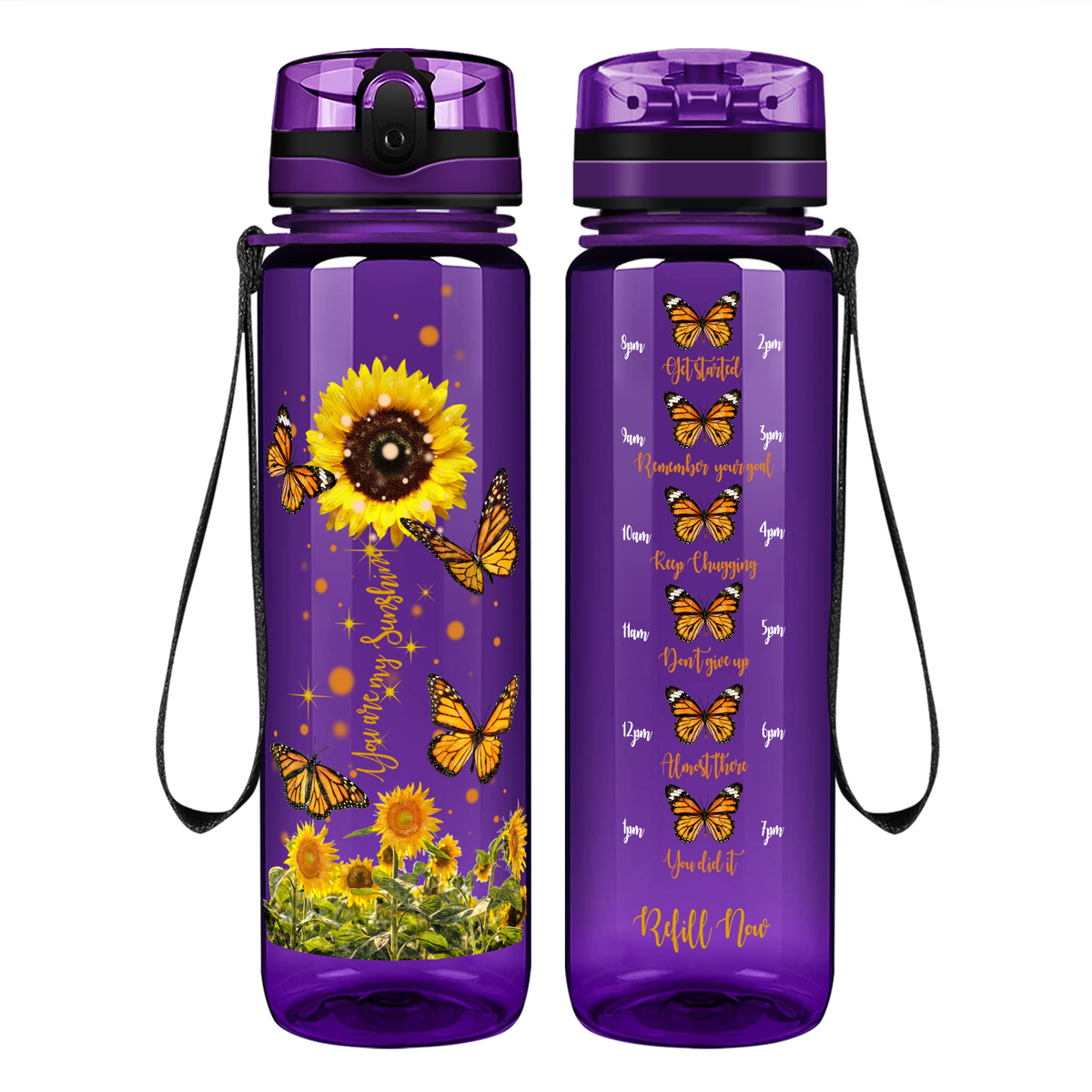 You Are My Sunshine Sunflower and Butterflies on 32 oz Motivational Tracking Water Bottle