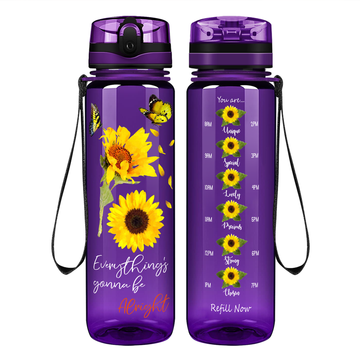 Everything's Gonna Be Alright Sunflower with Butterflies on 32 oz Motivational Tracking Water Bottle