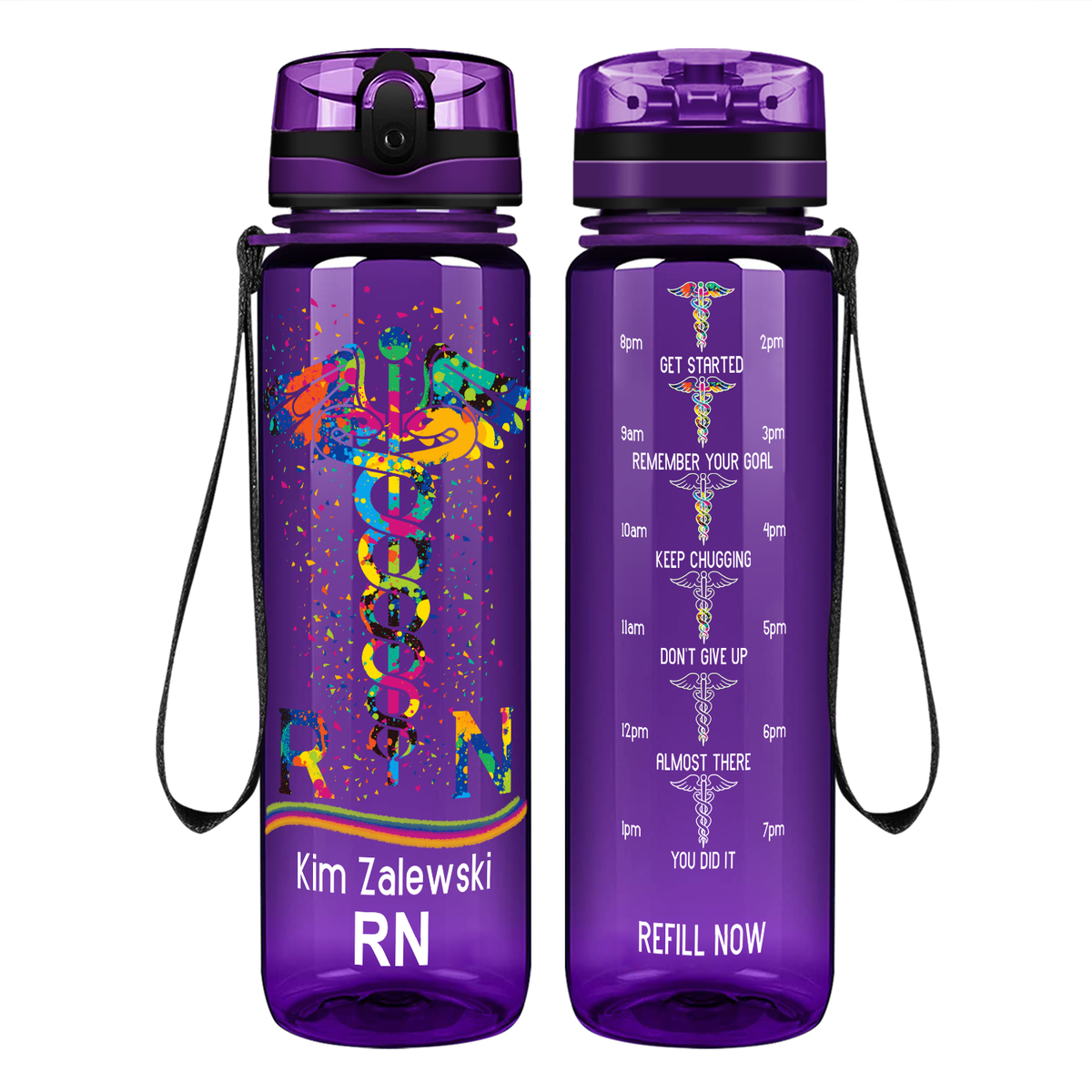 Personalized RN Caduceus Rainbow on 32oz Motivational Nurse Water Bottle