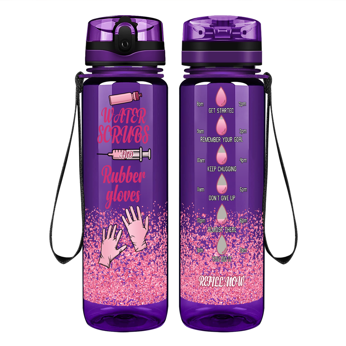 Pink Water Scrubs and Rubber Gloves on 32oz Motivational Tracking Nurse Water Bottle
