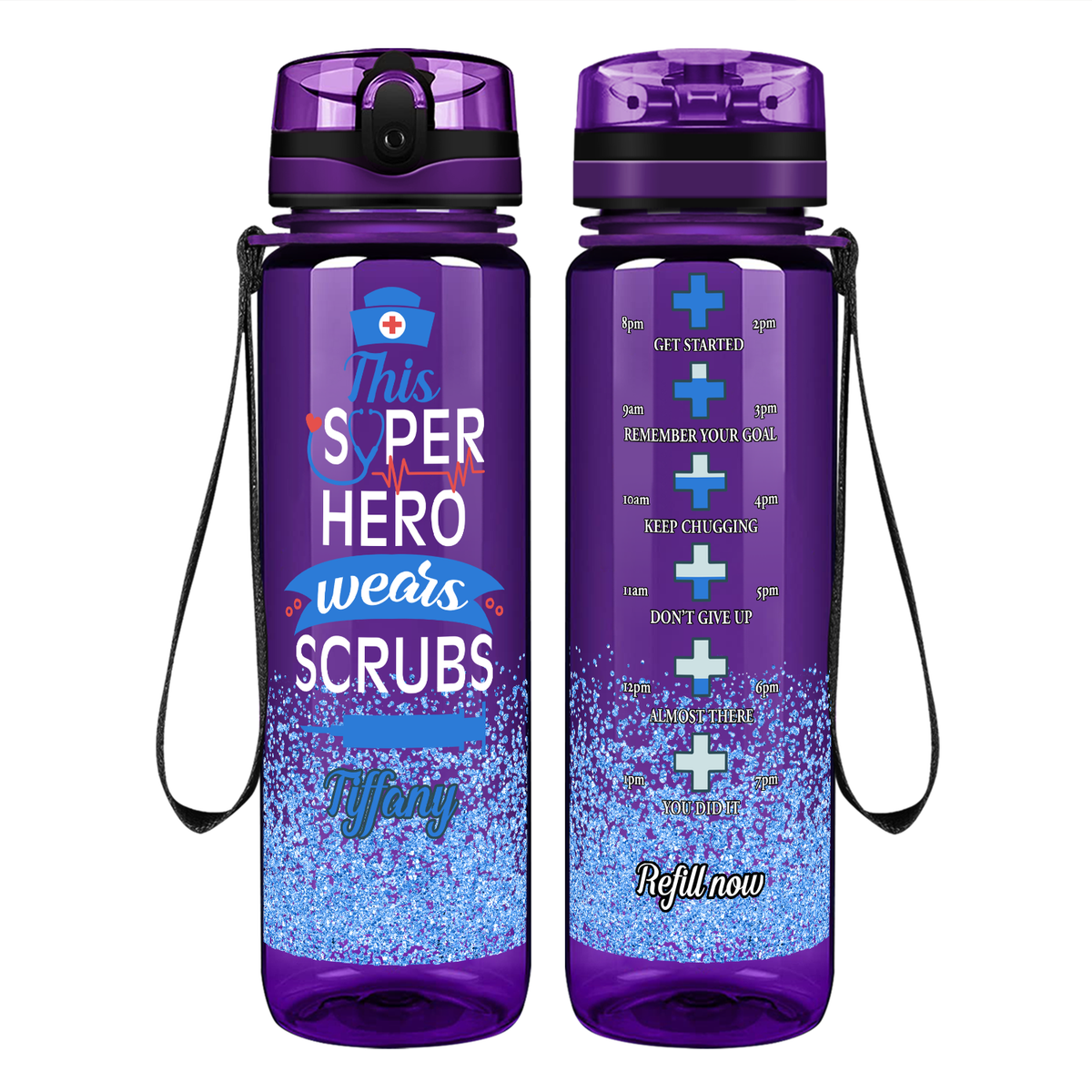 Personalized This Superhero Wears Scrubs on 32oz Motivational Tracking Nurse Water Bottle